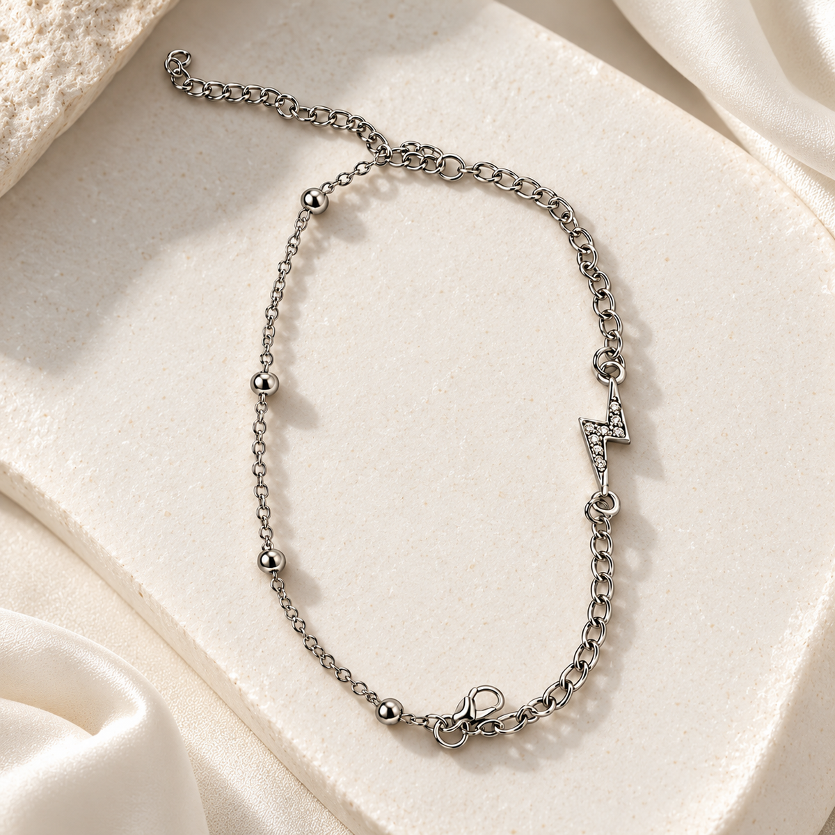 Silver-Tone Lightning Bolt Charm Bracelet with Beaded Chain
