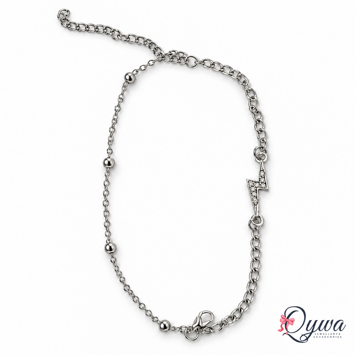 Silver-Tone Lightning Bolt Charm Bracelet with Beaded Chain