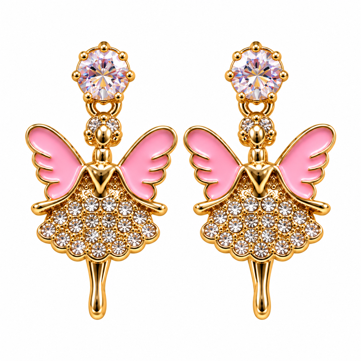 Pink Fairy Crystal Drop Earrings for Women | Gold-Tone Fashion Jewellery