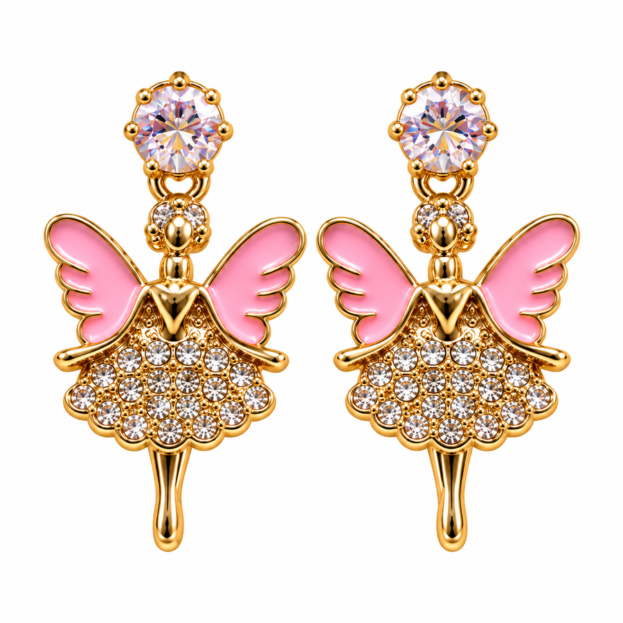 Pink Fairy Crystal Drop Earrings for Women | Gold-Tone Fashion Jewellery
