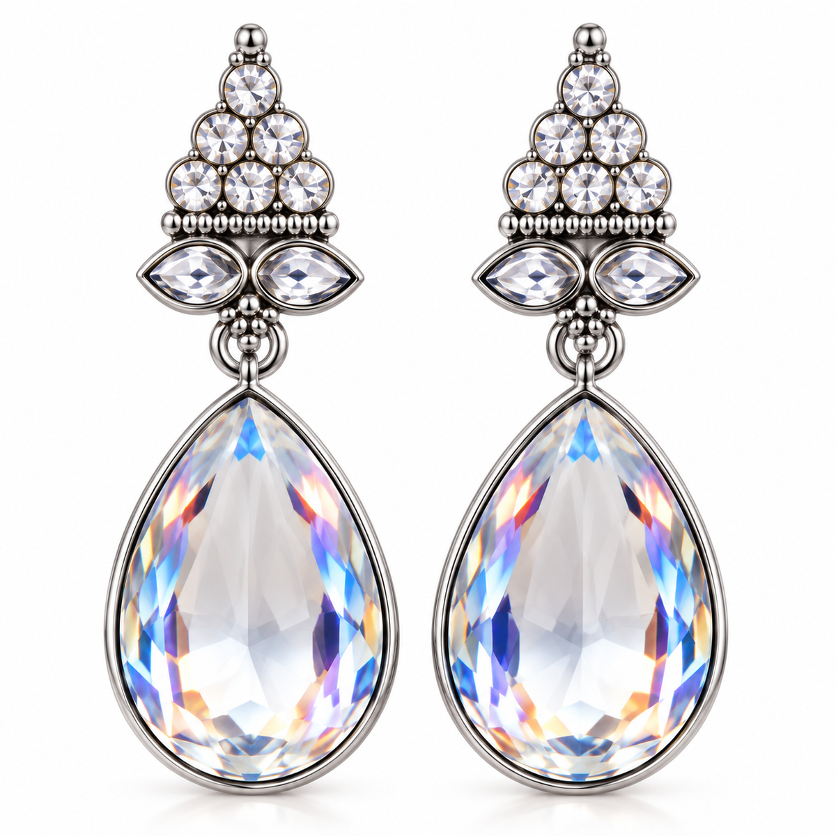 Silver Tone Iridescent Crystal Teardrop Earrings for Women